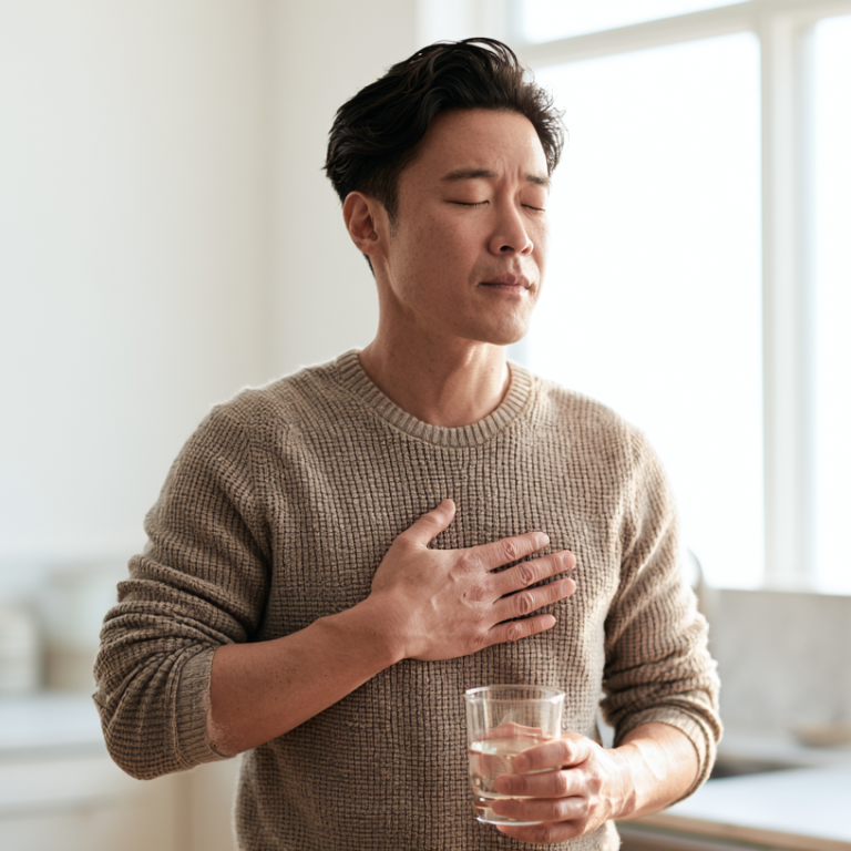 Man in a beige knit sweater stands in a bright kitchen, hand on his chest and holding a glass of water, eyes closed.