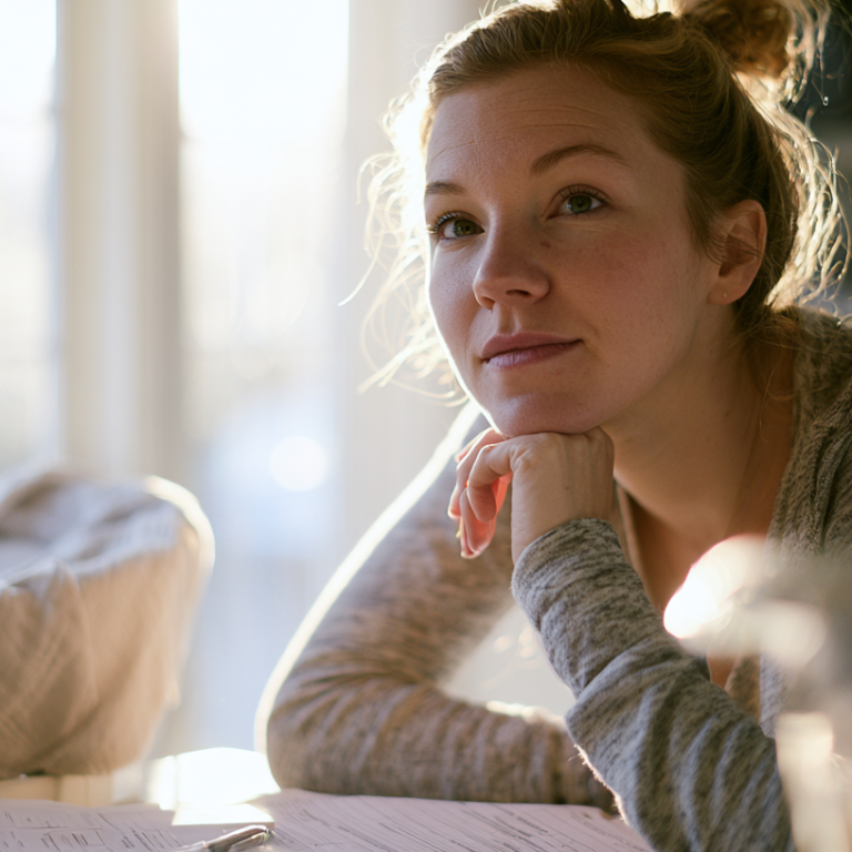 Woman rests her chin on her hands at a sunlit kitchen table, with a sleeping baby in a bassinet nearby.