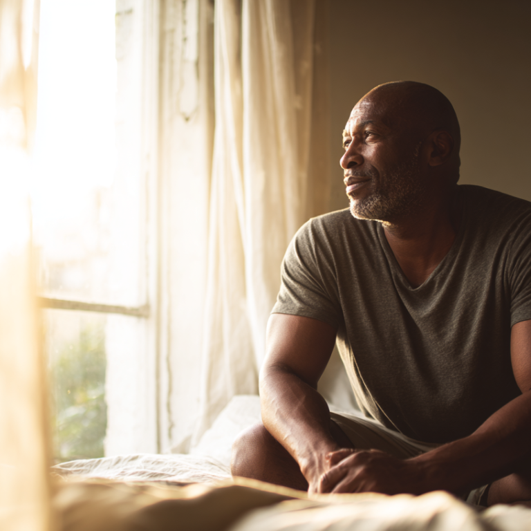 Man sitting on a bed by a sunlit window, looking thoughtfully toward the light.