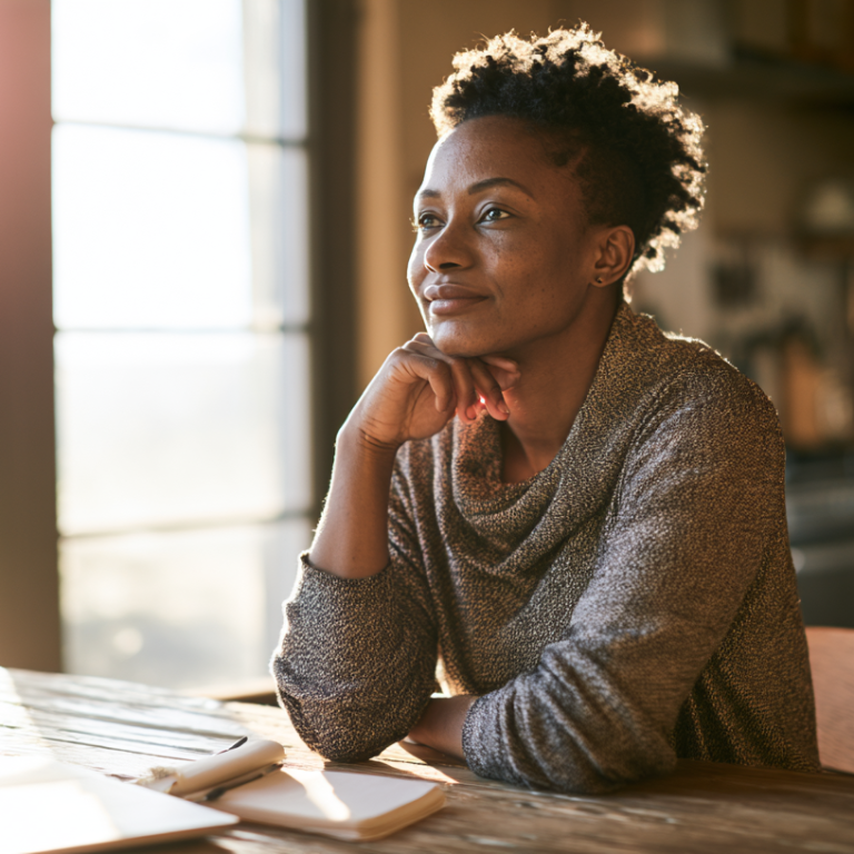 Woman sits at a wooden table with a laptop, chin resting on her hand, gazing thoughtfully by a sunlit window in a bright room.