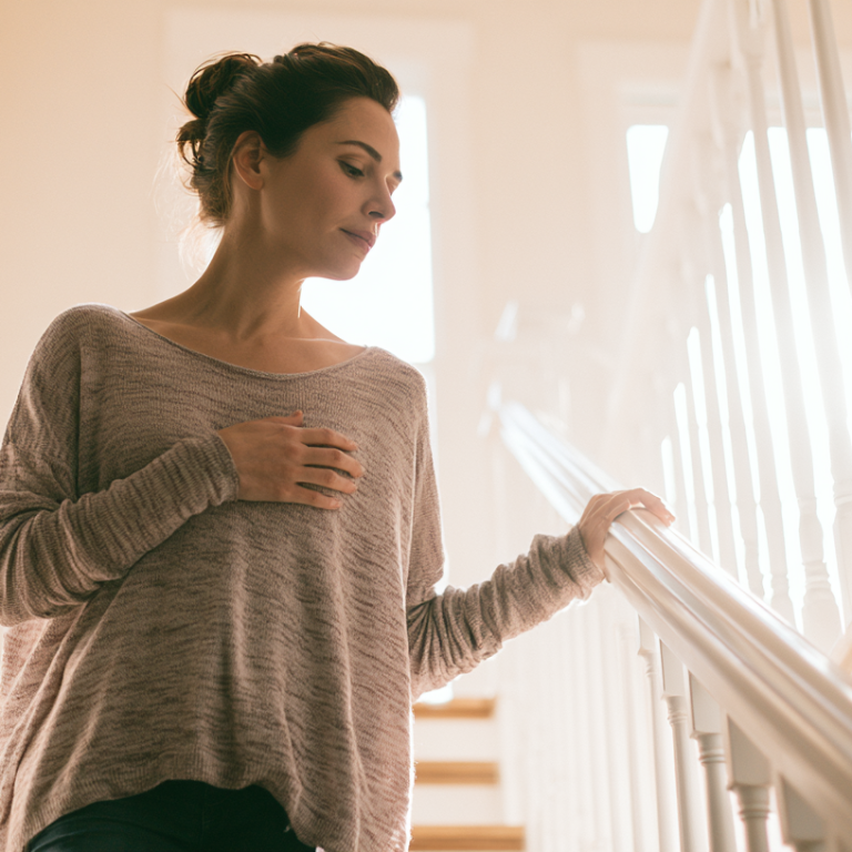 Woman standing on a sunlit staircase, one hand on her chest and the other resting on the railing, looking down with a calm expression.