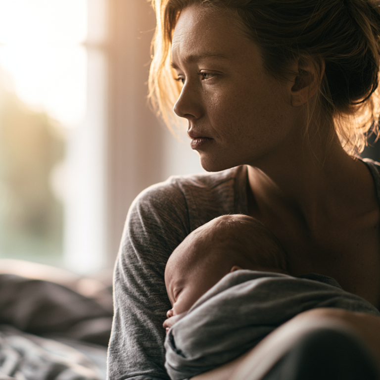 Mother cradling her sleeping baby close to her chest in a sunlit bedroom window light behind them.