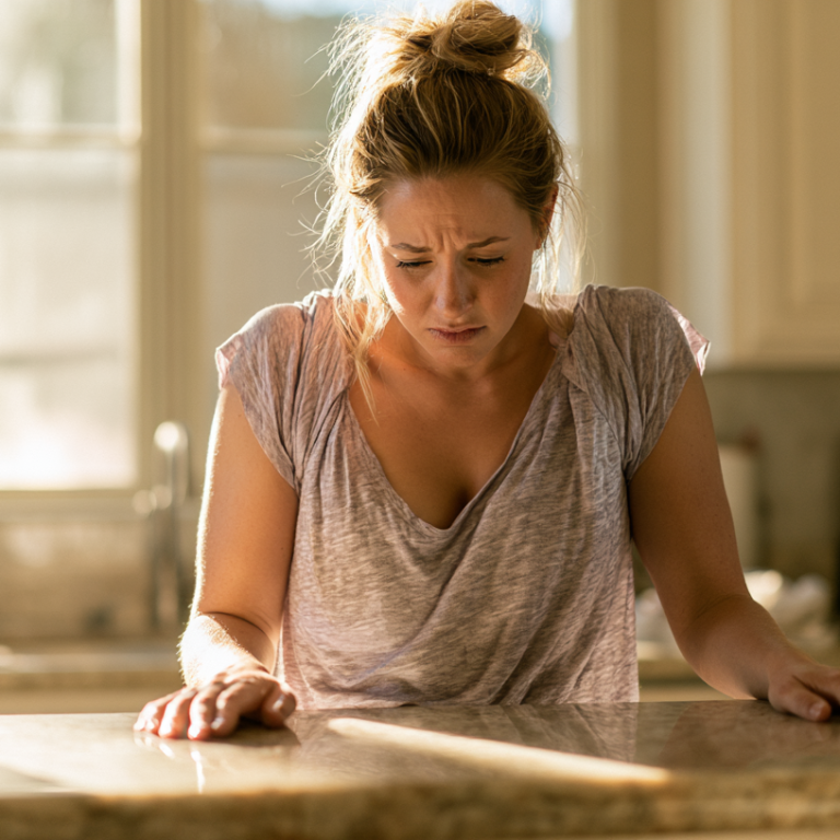 An anxious woman in a gray t-shirt leans on a kitchen counter, hands resting on the surface, with a baby bottle on the left and a small device on the right.
