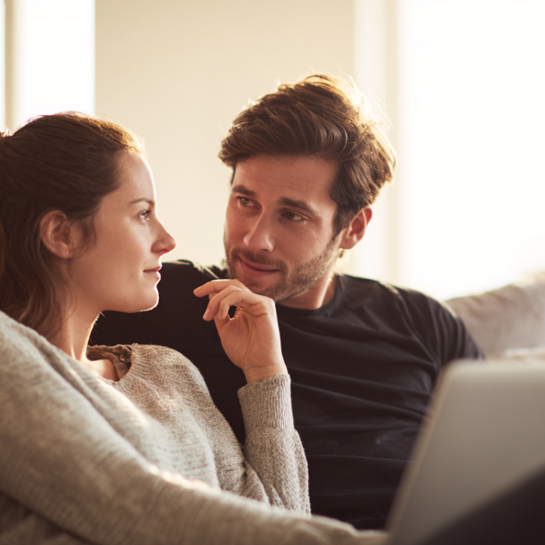 Couple relaxing on a bright living-room sofa, facing each other as they talk, with a laptop on the woman's lap.