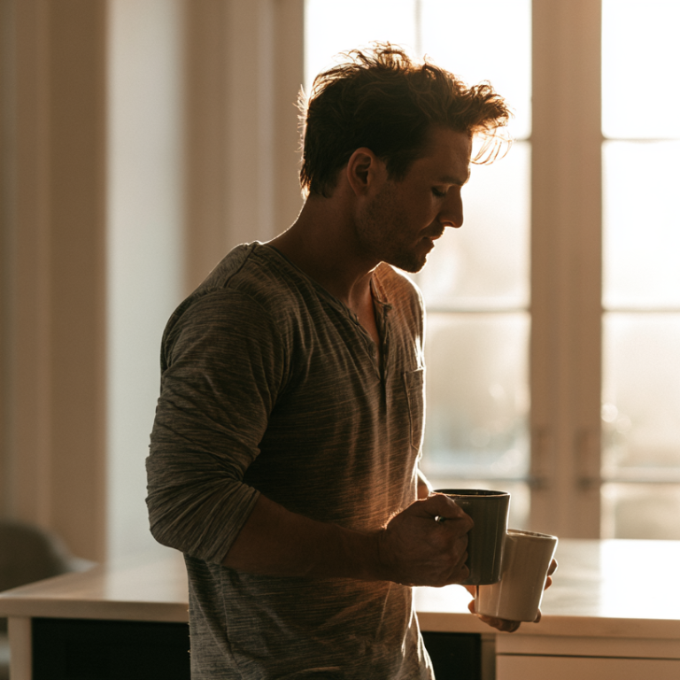 A man stands in a sunlit kitchen, holding two mugs and looking down at them.
