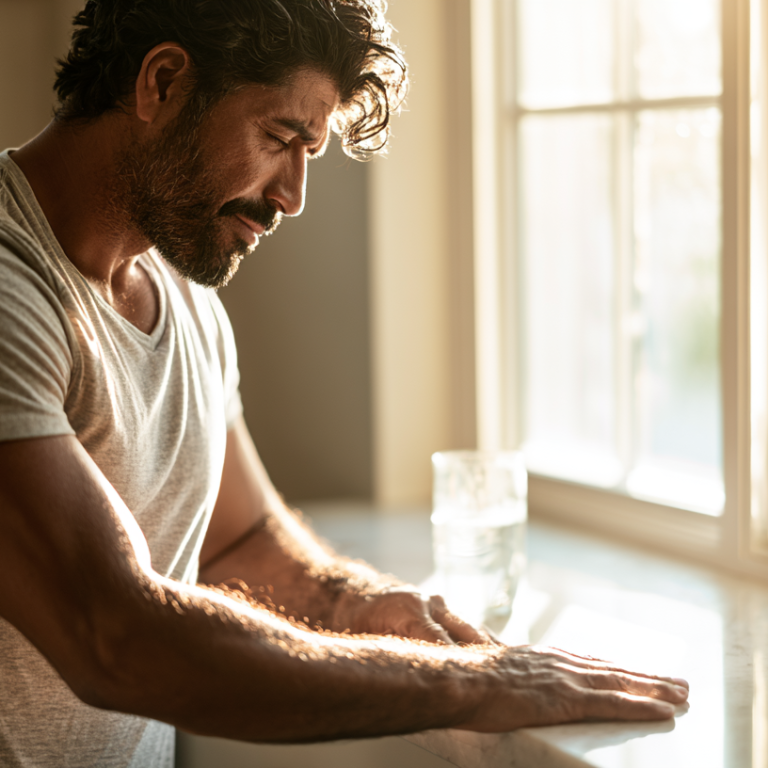 Man in a gray t-shirt leans on a sunlit window counter, hands flat on the surface, looking down in contemplation.