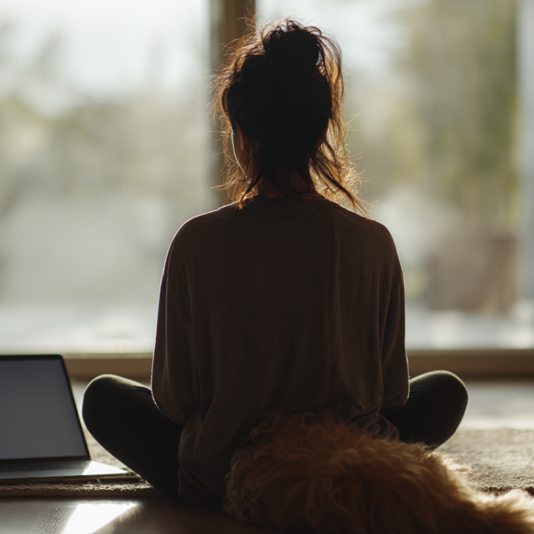Person sitting cross-legged on a rug facing a large window; laptop to their left and a fluffy dog resting nearby.