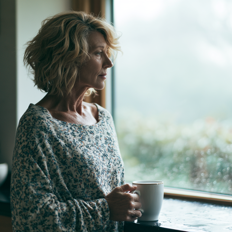Woman with short blonde hair in a floral top stands by a kitchen window, holding a mug and looking outside on a rainy day.