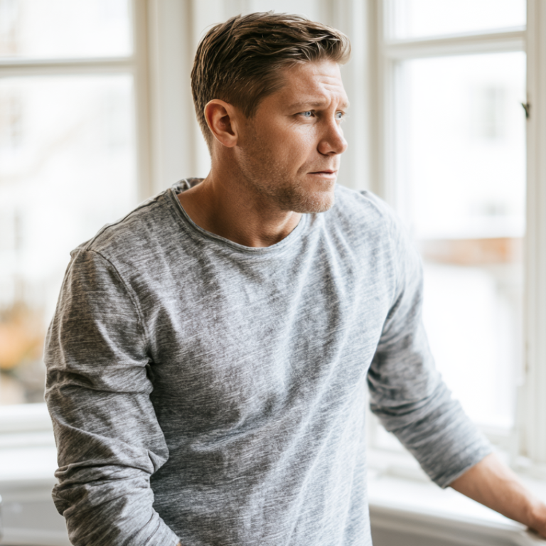 Man in a gray long-sleeve shirt leaning on a kitchen windowsill, looking thoughtfully out the window.