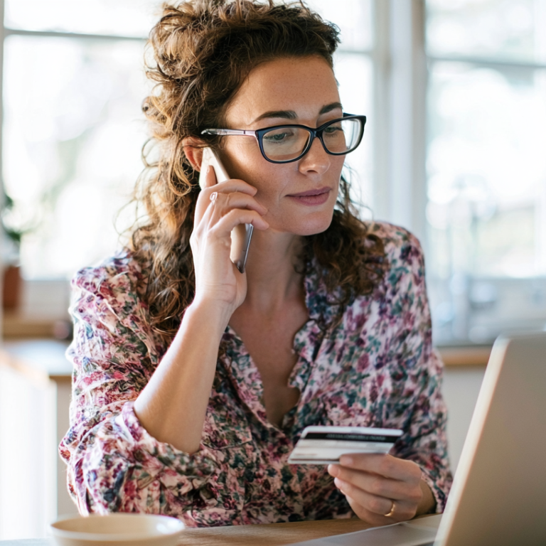 Woman wearing glasses at a kitchen table, talking on her phone while holding a credit card and using a laptop.