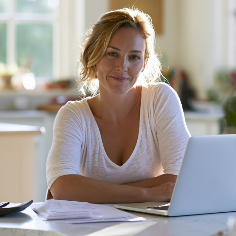 Woman with a light cardigan sits at a bright kitchen table, typing on a silver laptop with papers and a calculator nearby, smiling at the camera in natural light in a home setting.