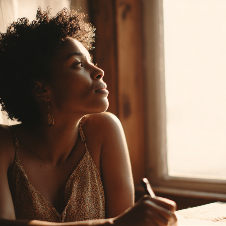 Portrait of a woman with curly hair sitting by a sunlit window, gazing upward.