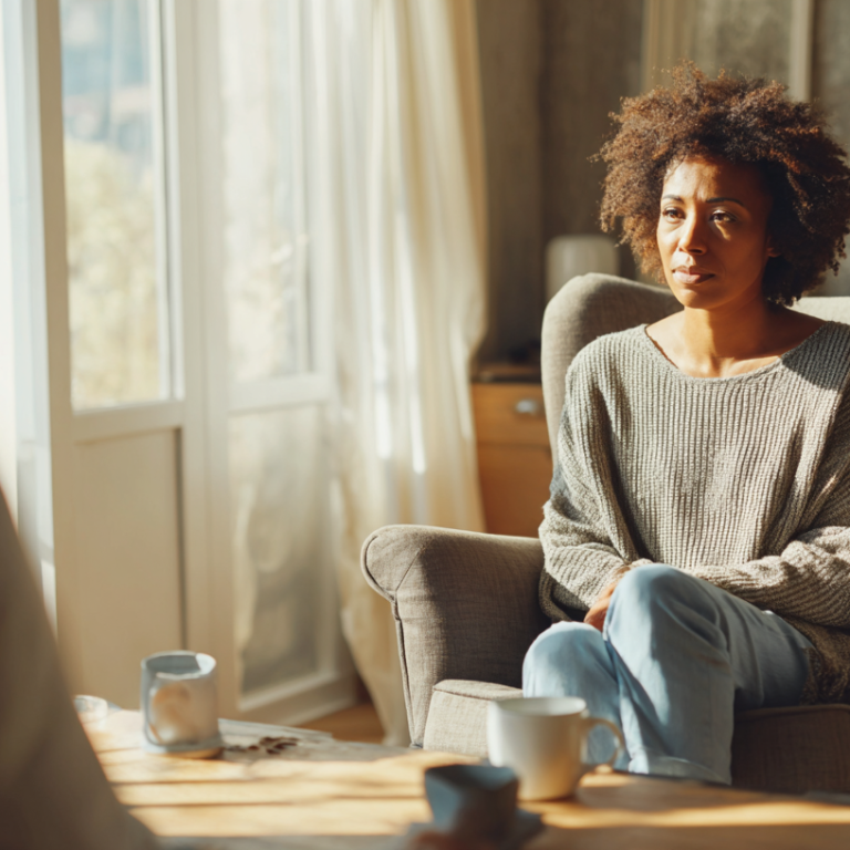 A woman sits in a beige armchair by a sunlit window, talking with someone off-camera in a cozy living room.