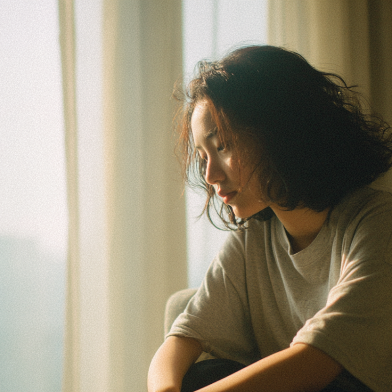 Young woman sits on a sofa by a sunlit window, looking down with a thoughtful expression.