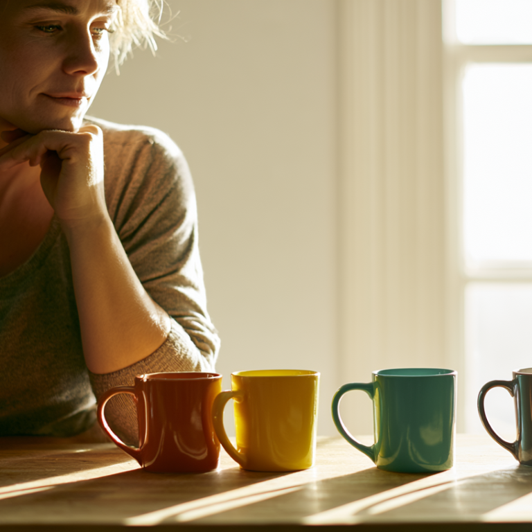 Contemplative woman resting her chin on her hand beside a row of colorful mugs on a wooden table in warm sunlight.