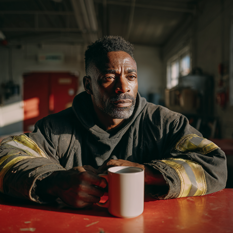 u2718197462_Black_man_in_firefighter_uniform_sitting_alone_in_e_19c8dade-1a56-4597-8277-95c6a0f43994