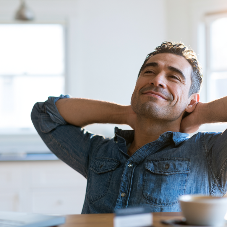 Man in a denim shirt leans back with hands behind head, smiling at a sunlit kitchen desk with a laptop nearby
