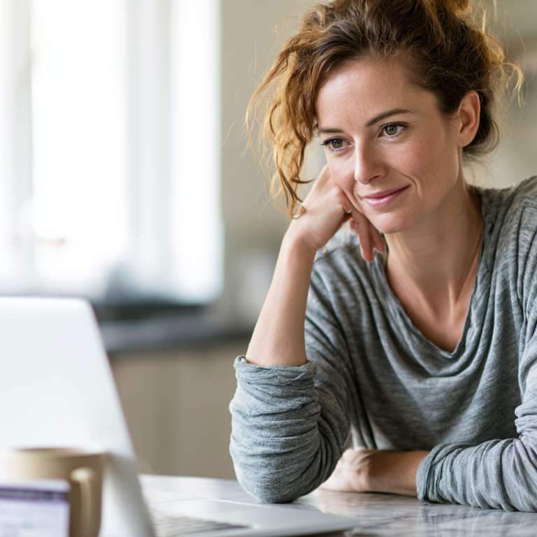 Woman in a gray long-sleeve top rests her chin on her hand while looking at a laptop on a kitchen table.