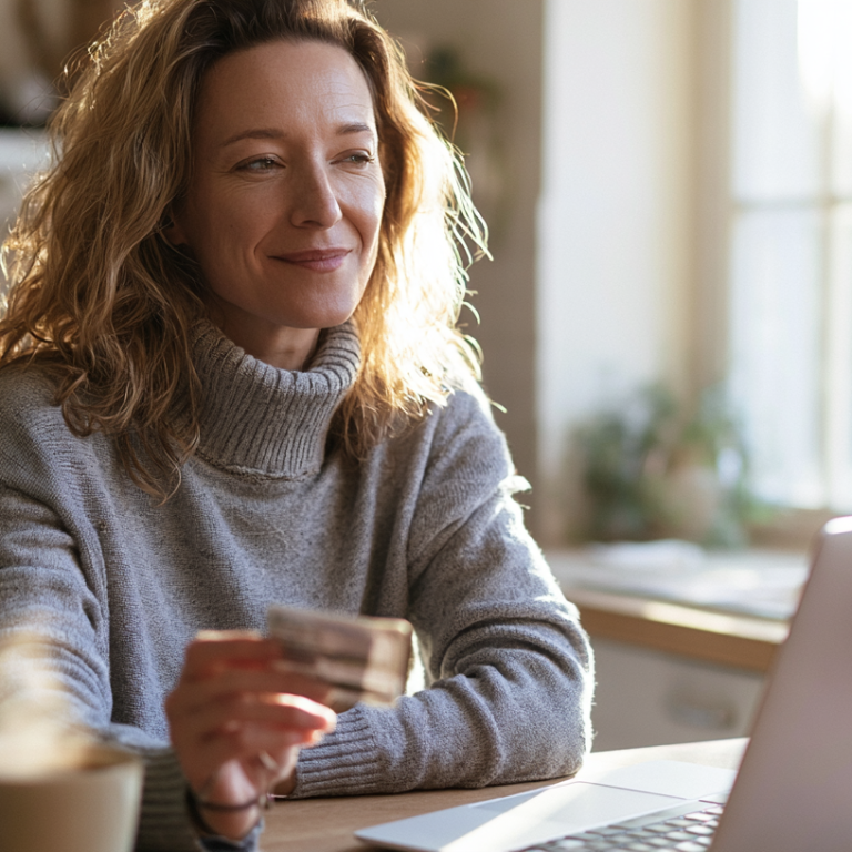 Woman in a gray sweater sits at a sunlit kitchen table, holding a credit card while using a laptop for an online purchase.
