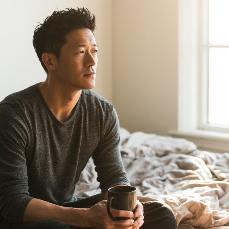 Man sitting on a wrinkled bed holding a mug, looking pensively toward a window with soft morning light.