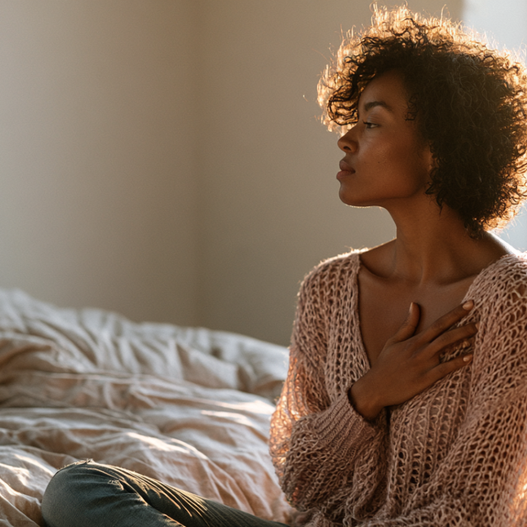 Woman sits on a rumpled bed in a sunlit room, hands pressed to her chest as she gazes out the window.