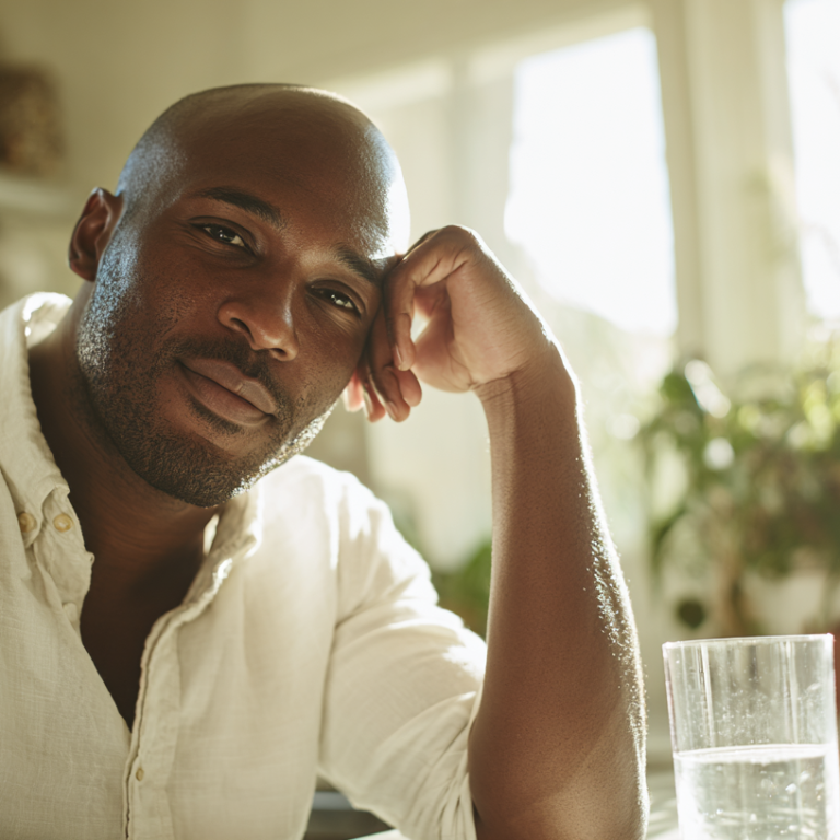 Man resting his head on his hand at a sunlit indoor table, with a glass of water nearby and plants in the background.